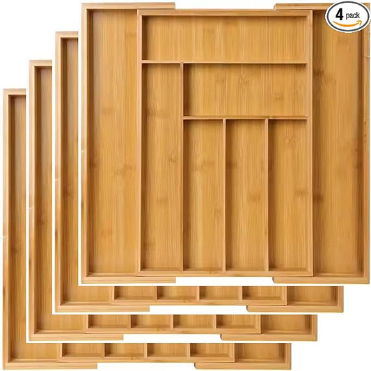 Kitchen Drawer Organizer Expandable Bamboo, Utensil Organizer for Kitchen Drawer, Adjustable Silverware Organizer Tray 13–19.6”, Wooden Cutlery Drawer Organizer, Deep Compartments (4)