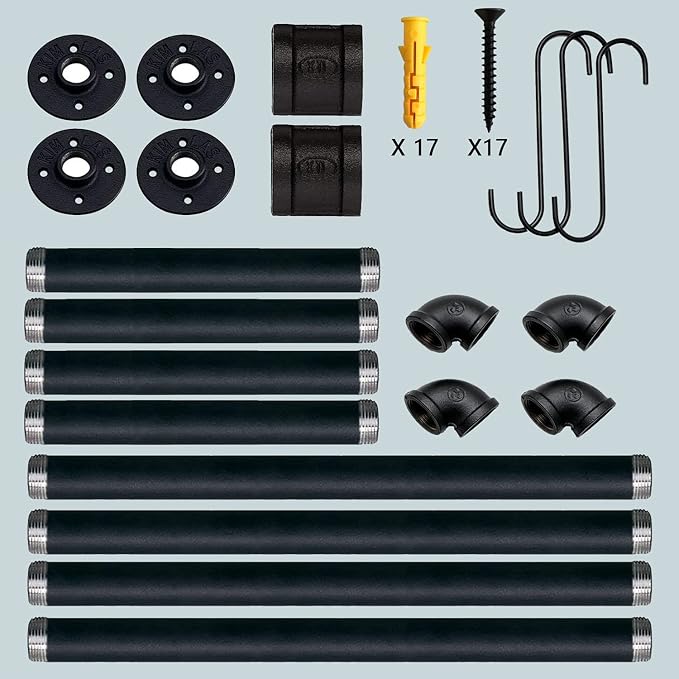 Industrial Pipe Clothes Rack with 3 S-Shaped Hooks, 36’'L Wall Mounted Garment Rack, Heavy Duty Iron Garment Bar, Clothes Hanging Rod Bar for Laundry Room, Max Load 135Lb Black (2 Package)