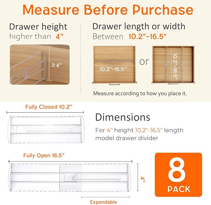 8 Pack 4" High Drawer Dividers for Clothes, 10.2"-16.5" Expandable Dresser Drawer Organizers, Adjustable Plastic Clear Drawer Separators for Kitchen, Baby Clothing, Socks, Underwear, Bedroom