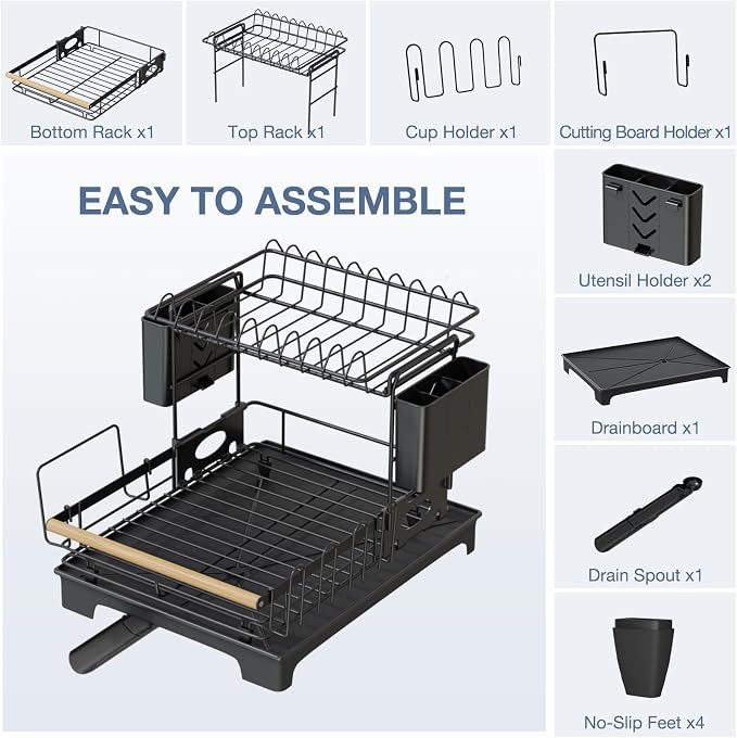 2-Tier Dish Rack Large Capacity Dish Drying Rack for Kitchen Counter Anti-Rust Dish Strainer with Drainboard, Cup Holder, Utensil & Cutting Board Organizer, Heavy Duty Metal, Black