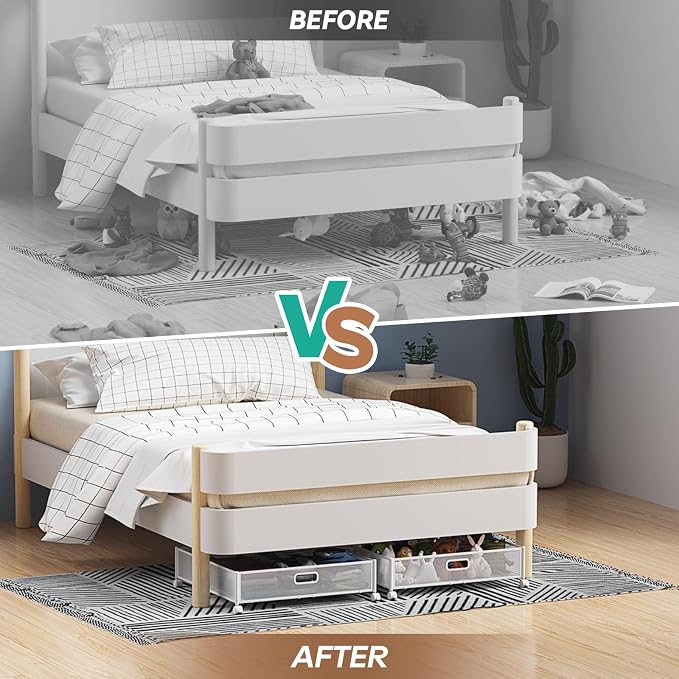 PHINOX Under Bed Storage with Wheels & Handle,Metal,Large,4 Pack,White | Tool-free assembly,glide smoothly,easy reach,foldable,maxmazie low-profile beds,dorm,keep seasonal clothes,shoes,sockes fresh