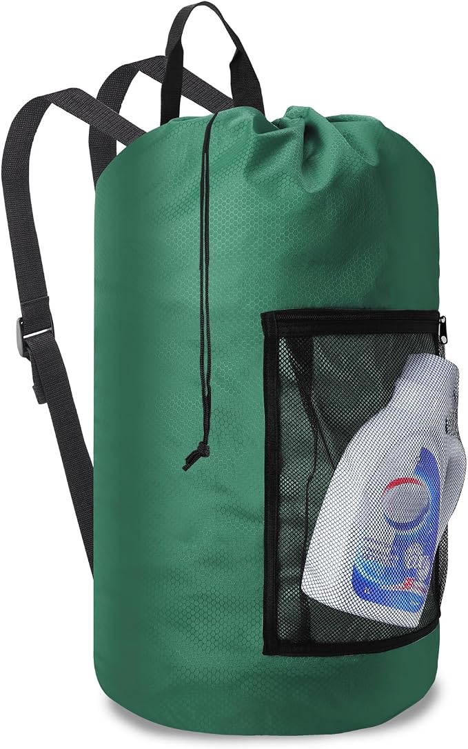 Laundry Bag Backpack Durable Laundry Bag with Shoulder Straps and Mesh Pockets Portable Laundry Hamper Dirty Clothes Bag for College, Travel, Laundromat, Apartment (Green)