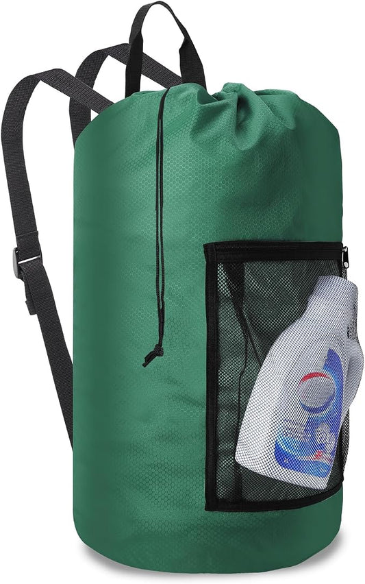 Laundry Bag Backpack Durable Laundry Bag with Shoulder Straps and Mesh Pockets Portable Laundry Hamper Dirty Clothes Bag for College, Travel, Laundromat, Apartment (Green)