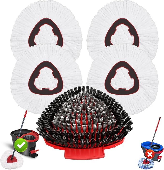 Fatmass 5 Pack Spin Mop Head Replacement for O Cedar EasyWring 1-Tank System,Include 4 Mop Replace Heads + 1 Upgrade Scrubber Brush, 100% Microfiber Mop Refills Deep Cleaning Machine Washable