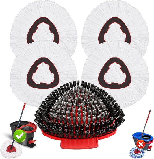 Fatmass 5 Pack Spin Mop Head Replacement for O Cedar EasyWring 1-Tank System,Include 4 Mop Replace Heads + 1 Upgrade Scrubber Brush, 100% Microfiber Mop Refills Deep Cleaning Machine Washable