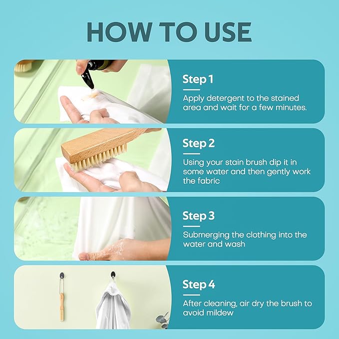 Laundry Stain Brush, Large Natural Soft Boar Bristles, Removes Tough Stains from Delicate Fabrics Like Knits, Cotton, and Linens, Gentle on Fabrics, No Damage