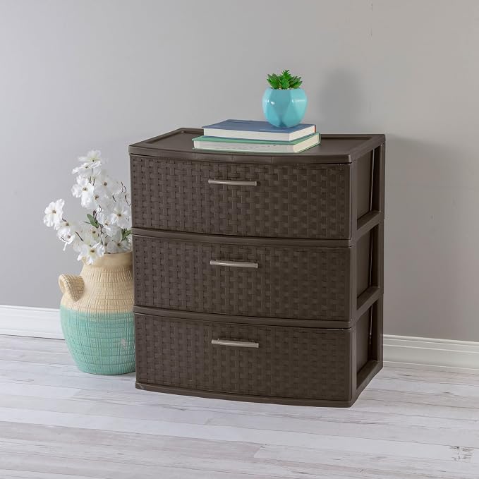 Sterilite 2-Pack 3-Drawer Wide Weave Tower, Storage Closet Organizer, Brown - Plastic Drawers and Containers for Bedroom, Cabinet, Clothes, Dresser, and Kitchen Pantry Organization