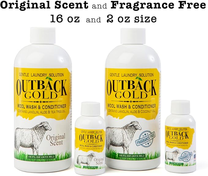 Outback Gold Wool Wash 16 oz, Unscented, pH Neutral, Made in USA | Plant-based, enzyme-free, fragrance-free pH-neutral wash for wool, cashmere, silk, sheepskin & baby items. HE compatible.