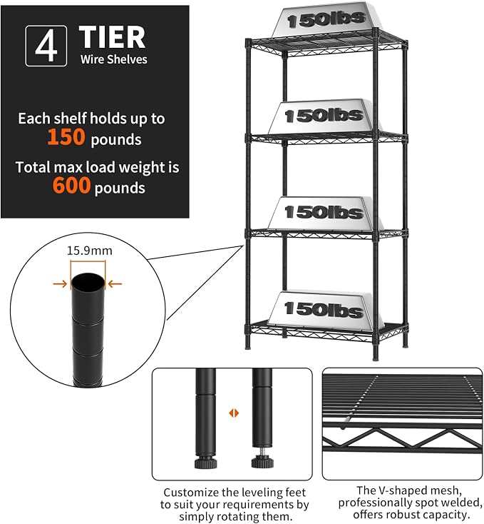Golpart 4Tier Adjustable Storage Shelves Metal Wire Shelving Standing Shelf | Utility Heavy Duty Unit Rack Closet Organize for Home Kitchen Laundry Room Organization Pantry 12"Dx22"Wx43.5"H Black