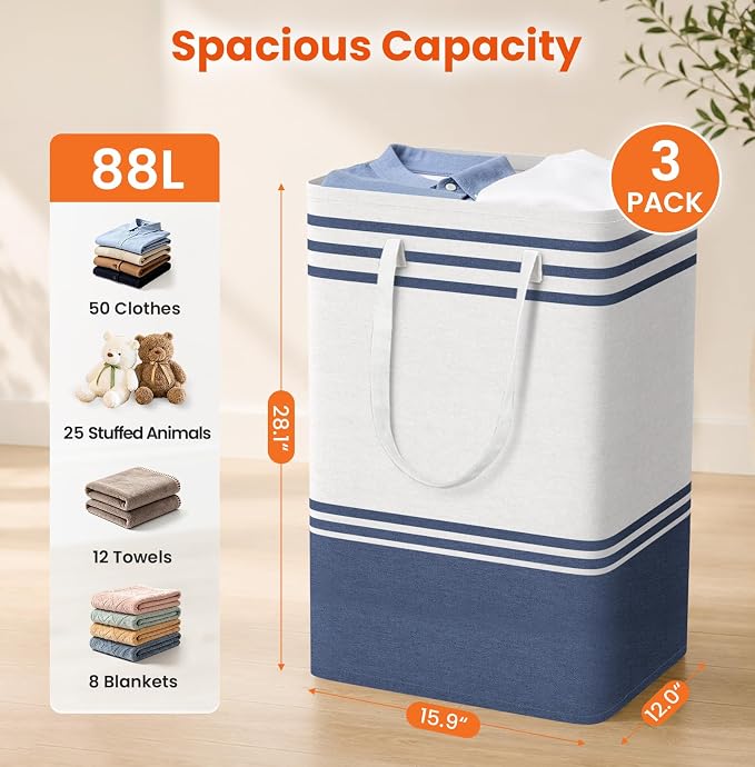 TranquilRelax 3-Pack Laundry Basket, Laundry Hamper, Blue-88L | Freestanding＆Water-Resistant Laundry Hamper, Collapsible Tall Clothes Hamper with Carry Handles for Clothes, Laundry Basket