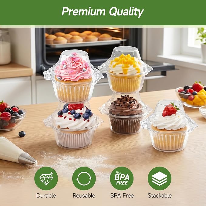 Dealusy 100 Pack Individual Cupcake Containers with Airtight Dome Lids, Clear Plastic Single Cupcake Boxes, Stackable Disposable Muffin Holders for Baking, Parties, Weddings & Picnics