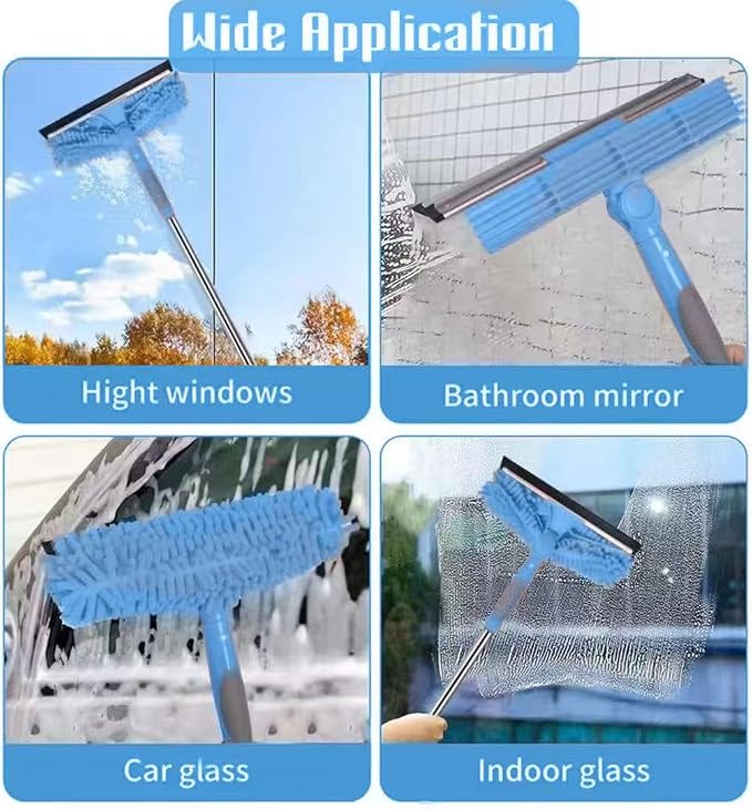68'' Window Squeegee Cleaner Kit - 2-in-1 Rotatable Window Cleaning Tool with Extension Pole, Professional Streak-Free Squeegee with Bendable Head for Indoor/Outdoor Windows Car Glass (Blue, 38.45FT)