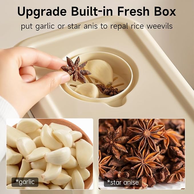 UFORU Rice Dispenser, 23-25 Lbs Rice Storage Container with Measuring Cup for Kitchen Pantry Household, Cereal Dry Food Storage Containers Airtight, Sealed Moisture Proof, Cream White
