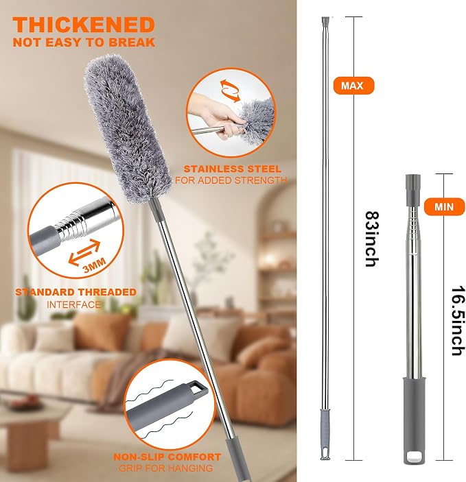 Duster with Extension Pole, Washable Cleaning Duster Kit with DusterHeads, Cobweb Duster, Corner Brush, Telescoping Pole for Ceiling Fan (9)