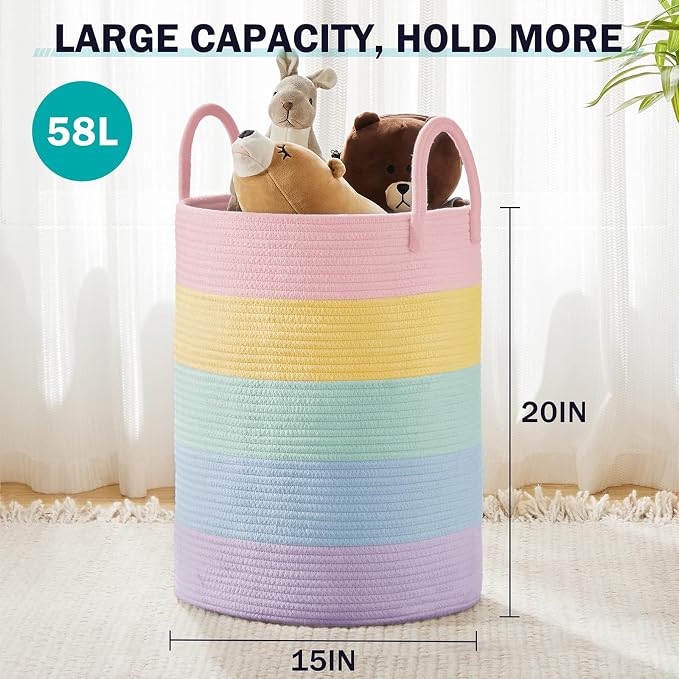 YOUDENOVA Cotton Rope Laundry Hamper Basket, 58L Blanket Basket for Nursery