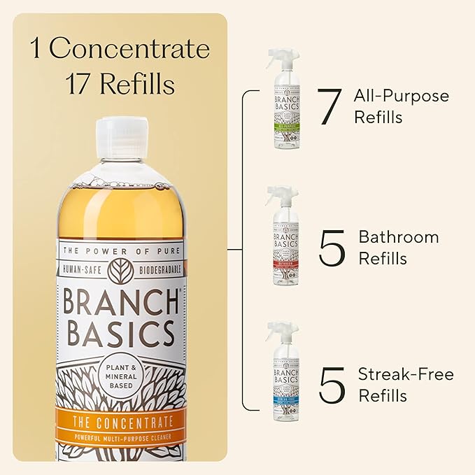 Branch Basics Cleaning Essentials Kit: All Purpose, Glass, Bathroom Cleaner | Plant-Based, Human-Safe, Fragrance-Free. Comes with Concentrate (33.8 oz) + Refillable Plastic Bottles (24 oz). 17 Refills