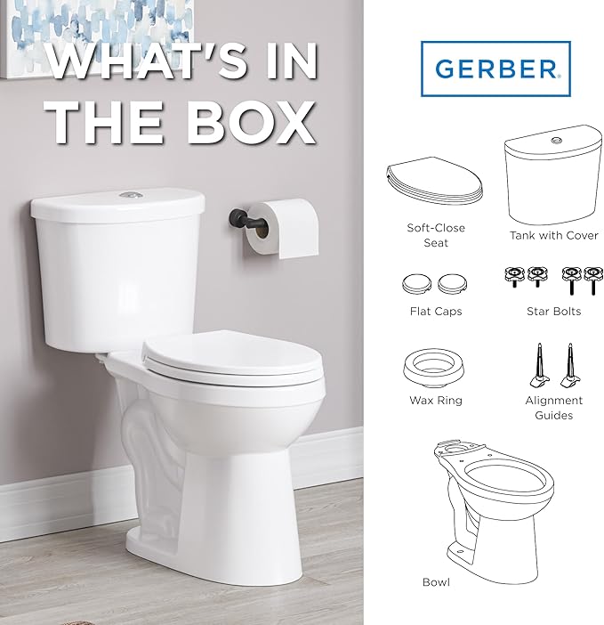 Gerber Maxwell Select Round Dual-Flush 1.0/1.28 GPF Two-Piece Toilet, ADA Chair Height, 12-in Rough-In, High Efficiency, Soft-Close Seat & Install Kit with Wax Ring, White, GRD49220E