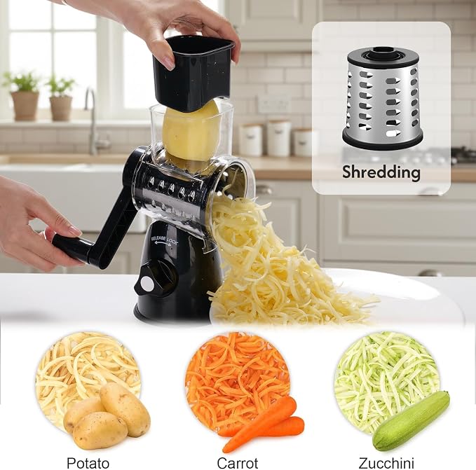 JIUMEXES Rotary Cheese Grater | Hand-Crank Design, 3 Interchangeable Blades, Suction Base, Stainless Steel