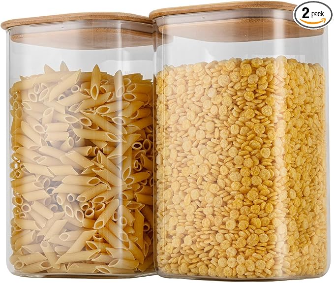 D2scrma 149oz Airtight Glass Square Storage Canister with Bamboo Lid Set of 2(4400ml*2) Large Gallon Glass Jars for Sugar, Flour, Cookies and Coffee beans (‎with Black Lable)