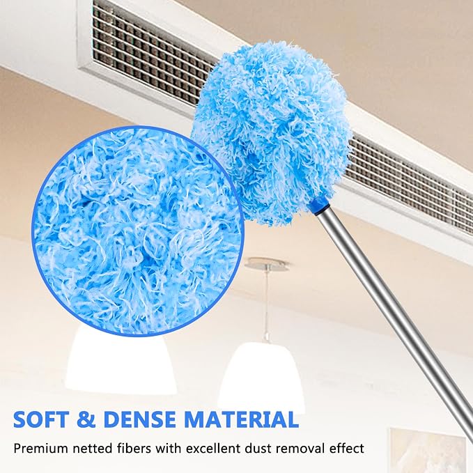 Ceiling Fan Cleaner Duster Reusable Microfiber Ceiling Fan Blade Cleaner Removable Duster with Extension Pole Adjusts 13 to 49.7 Inch for Cleaning Walls Furniture Door Window Top (Blue White)
