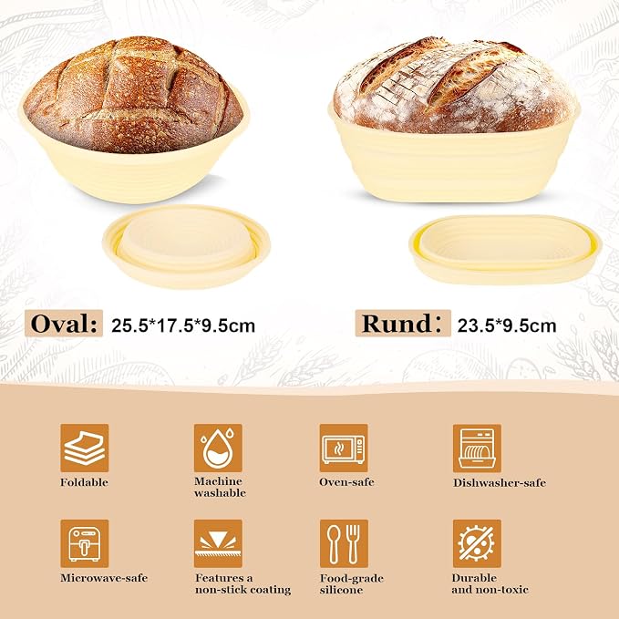 16-Piece sourdough bread baking supplies Set - Foldable Silicone banneton bread proofing basket (Round & Oval) - proofing basket with sourdough tools & jar - Ideal for Home & Pro Bakers