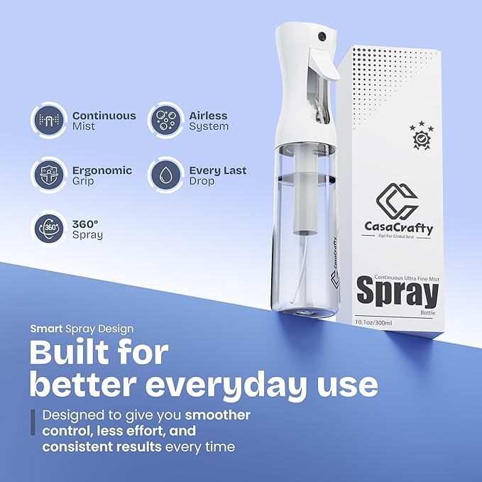 Continuous Spray Bottle for Hair – Fine Mist Water Sprayer 10oz (300ml), Refillable for Hair Styling, Continuous Mist for Plants, Cleaning, Skincare & Petcare, BPA-Free, Leak-Proof, 360° Mist