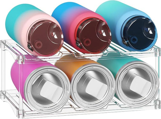 Lifewit Stackable Bottle Storage Organizer, Clear Freestanding Wine Holder for Cabinet, Large Slot Water Bottle Tumbler Cup Organizer for Pantry, Plastic Wine Rack for Fridge Cellar, 2Tier Hold 6