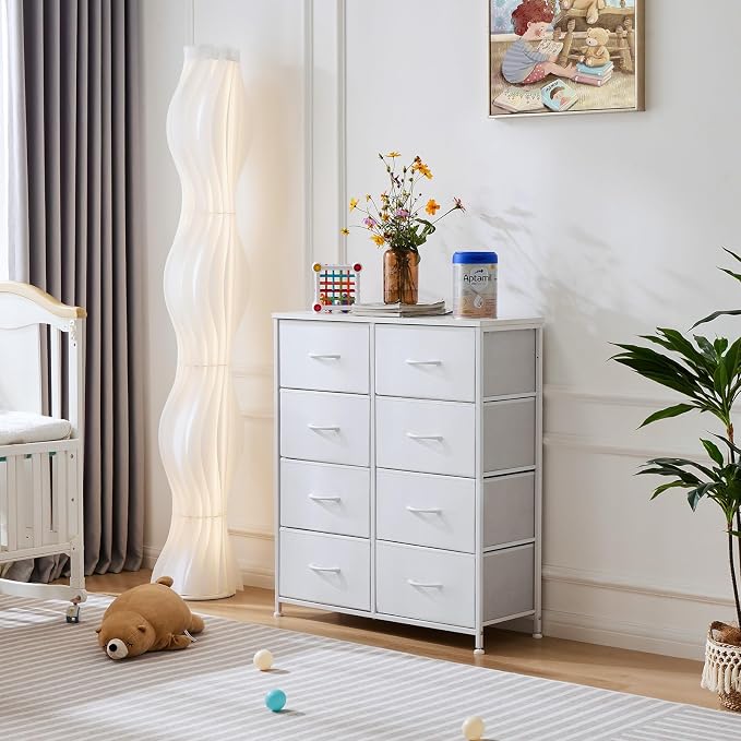 OLIXIS Dresser for Bedroom, 8 Storage Drawers, Tall Fabric Tower Organizer | Large Dresser for Closet, Chest of Drawers with Metal Frame Wooden Top for Nursery, Living Room, Entryway, White