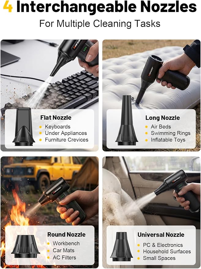 X213 Compressed Air Duster, 130000RPM, 3-Speed Adjustable, Electric | Mini Air Blower, Rechargeable, 4 Nozzles, Cordless, 0.5lb Portable, for Computer, Keyboard, House, Outdoor and Car