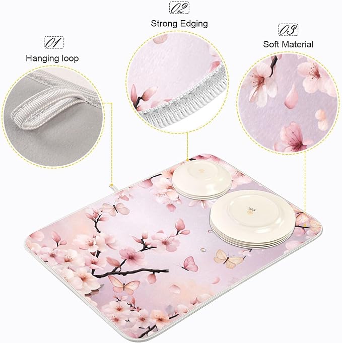Cherry Blossoms Flowers Dish Drying Mat 18x24 for Kitchen Sakura Branch Pink White Floral Dishes Pad Dish Drainer Rack Mats Absorbent Fast Dry Kitchen Accessories