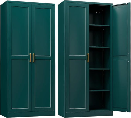 SteeLoong Kitchen Pantry Cabinet,71”Green Metal Pantry Storage Cabinets with Doors and 4 Adjustable Shelves,Kitchen Cabinet with 2 Gold Handles,Tall Cabinet for Livingroom, Bathroom