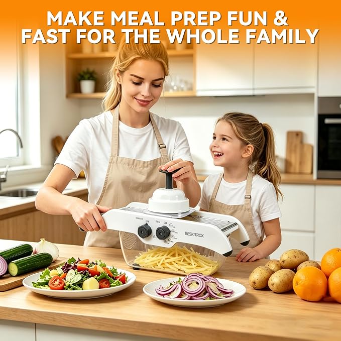 5-Speed Adjustable Mandoline Slicer Manual Veggie Cutter with Safety Guard | 5 slicing thickness options, safe guard avoids cuts, compact slicer for fruit & vegetable home cooking prep
