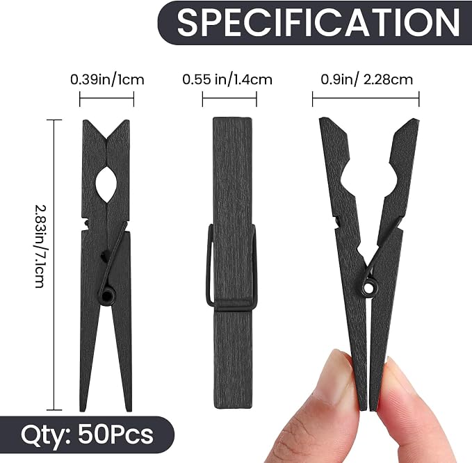 50PCS Black Wooden Clothespins 2.9 Inch Color Clothes Pins for Pictures | Colorful Close Pins Wood for Photos Classroom School Decoration Craft Cheer