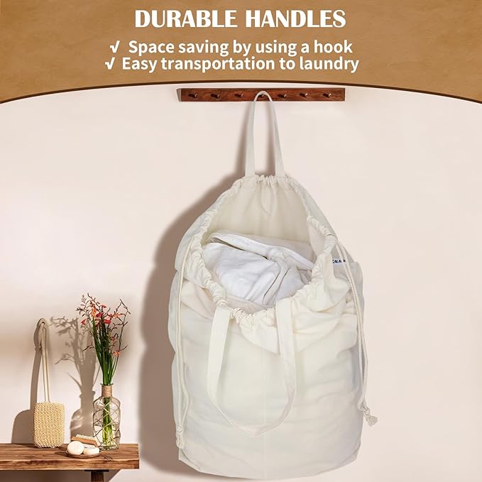 Canvas Laundry Bags with Handles & Square Base 16"Wx16"Depth x27.6"H,Beige | Extra Large Heavy Duty Laundry Basket Hamper Liner Replacement, Washable Drawstring Dirty Clothes Bag Canvas Storage Sack