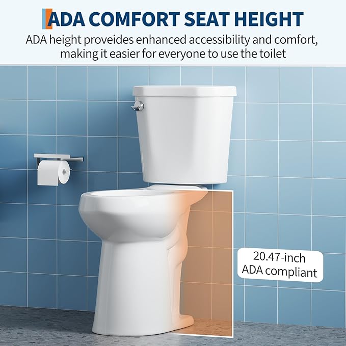 Two Piece Toilet, 21" Elongated ADA Comfort Height with Upgraded Flushing, Single Handle (Side Mounted), Tank & Bowl Only (Seat Not Included), White, 12" Rough-in