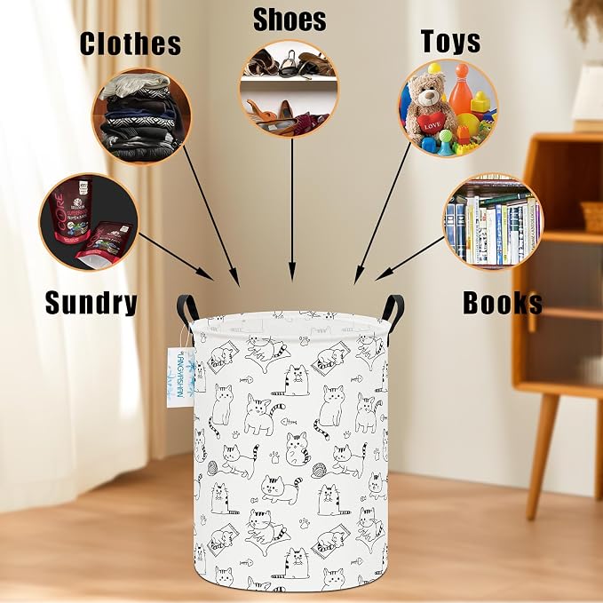 Round Laundry Basket Collapsible Storage Hamper Organizer Cat | Waterproof Canvas Foldable Baskets with sturdy Handles Multi-scene Organizer for Home Play Bedroom Gift Bin