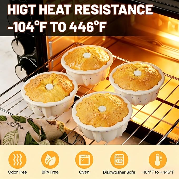 Vinino 4 Inch Silicone Fluted Tube Cake Pan with Reinforced Frame, 6-Pack | Mini Flan Molds for Baking Muffin, Jello, Pudding, Chocoflan, Nonstick Mini Cake Pan for Oven,Dishwasher Safe - Cream