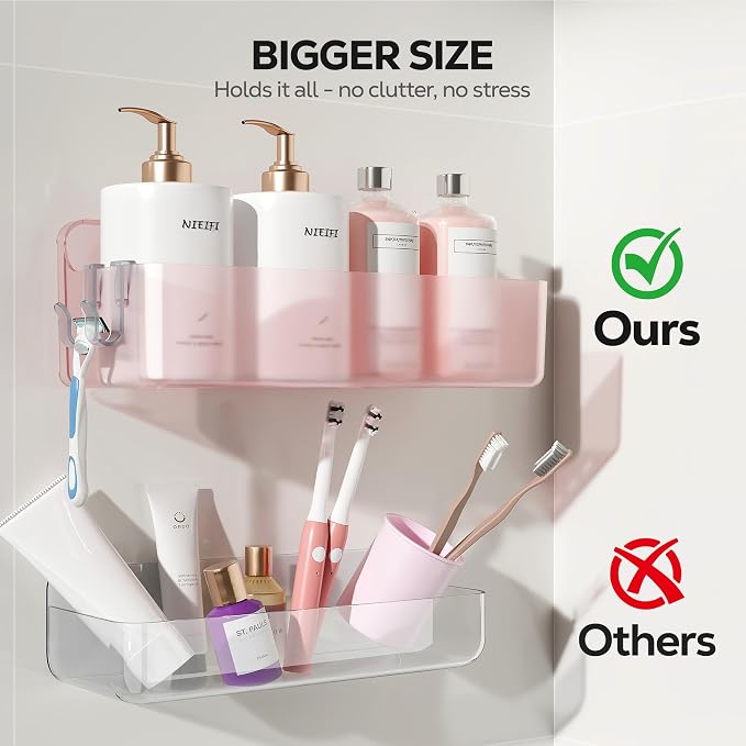 Nieifi Adhesive Shower Shelves, Pink, 5 Pieces | Rustproof ABS, Large Capacity, Removable Design, Easy-Clean, No Drilling Shower Organizer for Bathroom Storage & Home Decor