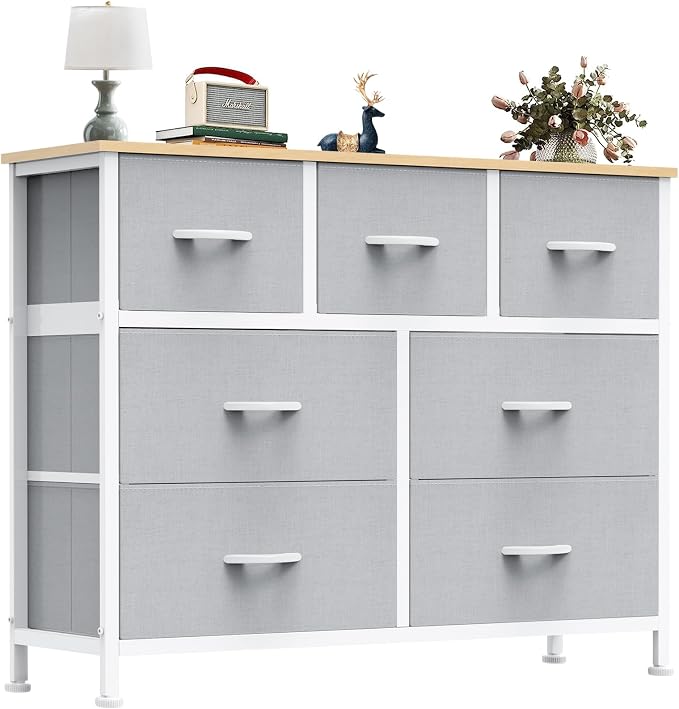OLIXIS 7 Drawer Closet Organizer, Storage Tower with Sturdy Steel Frame | Dresser for Bedroom, Wooden Top & Easy Pull Fabric Bins, Clothes Organization, Living Room Entryway, Light Gray