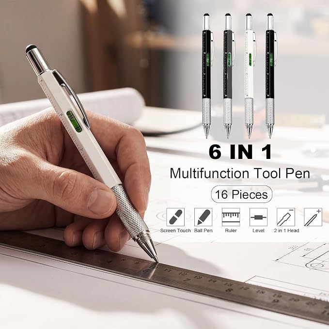 Zhanmai 4 Pcs 6 in 1 Multitool Pen Gift for Men Multi Tool Ballpoint Pen with Ruler Level Screwdriver Stylus Cool 10 Ink Refill Tool Gadget Birthday Christmas Stocking Stuffers (Black, Gray, White)