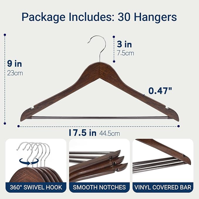 Amber Home 30 Pack Retro Wooden Coat Hangers, Vintage Wood Suit Hangers with Non-Slip Pant Bar, Clothes Hangers for Closet Organization, Shirts, Jackets, Dresses, and Pants (Retro, 30)