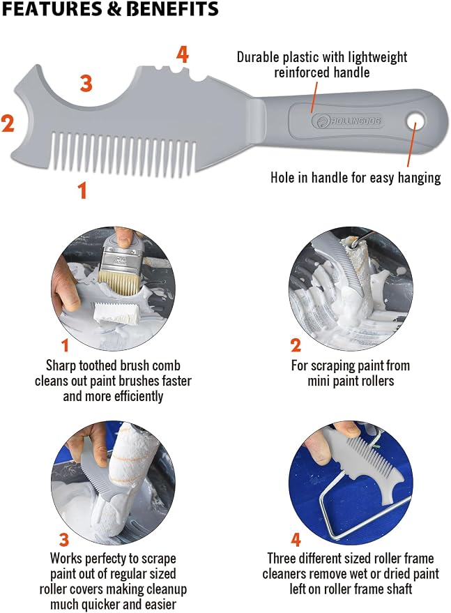 ROLLINGDOG Paint Brush/Roller Cleaner Tool | Durable Plastic Paint Brush Comb With Lightweight Reinforced Handle,Wash And Reuse