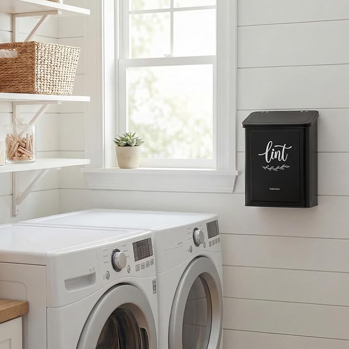 Perfnique Magnetic Lint Bin for Laundry Room with Lint Brush, Wall Mounted Lint Holder Trash can with lid for Dryer, Modern Farmhouse Rustic Metal Laundry Room Storage Organization and Decor(Black)