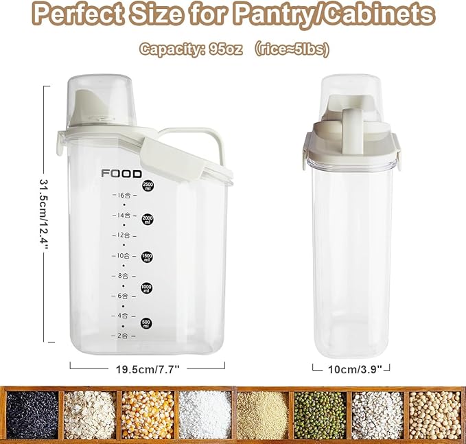 LANGMINGDE 2 PCS Airtight Storage Containers, 2.8L/95fl.oz Cereal Rice Holder, Dog Cat Food Dispenser with Measuring Cup, BPA Free Clear Plastic Kitchen Pantry Organization Bin, 1 Blue+1 White