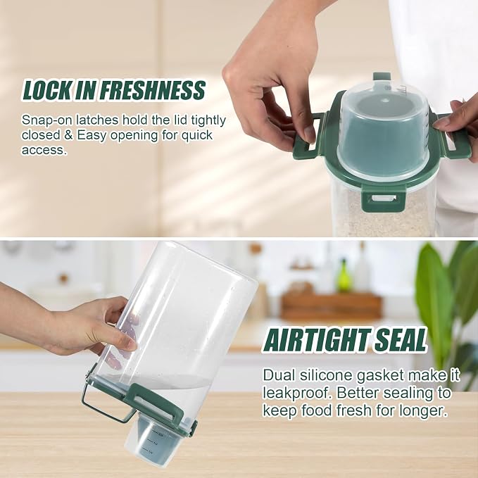 3 Lbs Pet Dog Food Storage Container for Bird Seed Rice Flour - Pine Green | Cat Food Containers with Collapsible Bowl for Travel Airtight 5 Lbs Rice Cereal Oatmeal Holder with Pour Spout Measuring Cup