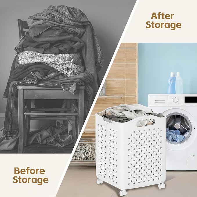 57L Collapsible Laundry Basket with Wheels, Laundry Basket Collapsible, Foldable Laundry Baskets with Handles, Dirty Clothes Hamper for Dorm, Bedroom and Bathroom (Cream White)