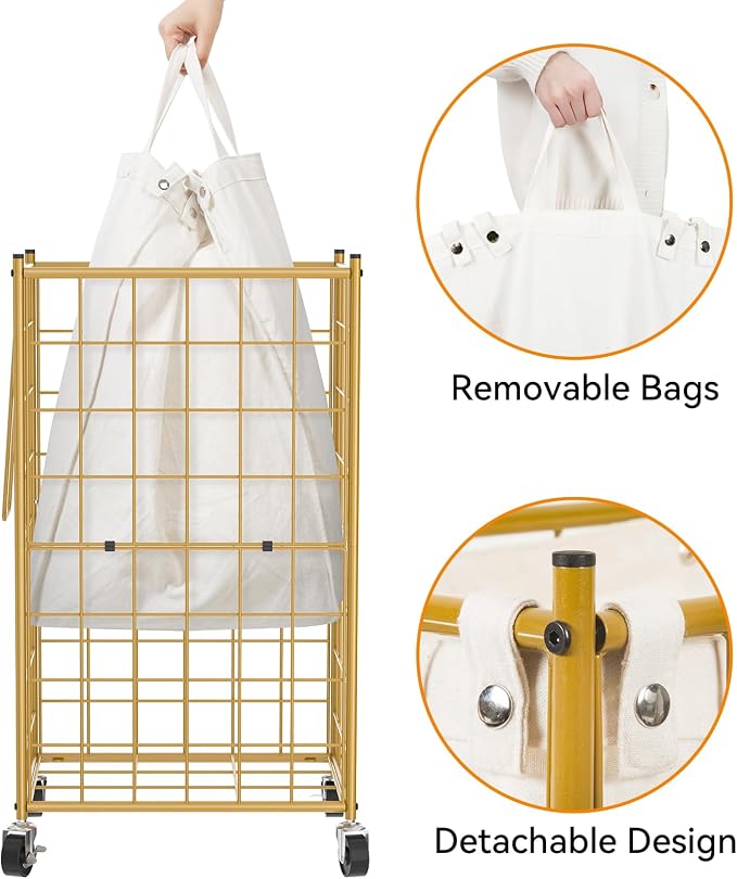 WOWLIVE Rolling Laundry Basket, Metal Wire Frame Laundry Hamper with Wheels | Gold Hamper with Removable Bag, 100L Dirty Clothes Hamper Organizer Dorm Room Storage for Bedroom, Bathroom, Golden