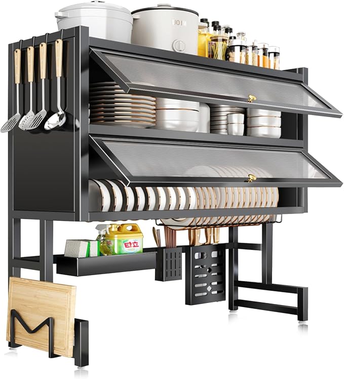 4-Tier Dish Drying Rack with Cover – Above Sink Kitchen Storage Rack, Large Space-Saving Shelf for Dishes, Glasses, Bowls & Cutlery, Black (W-40'')