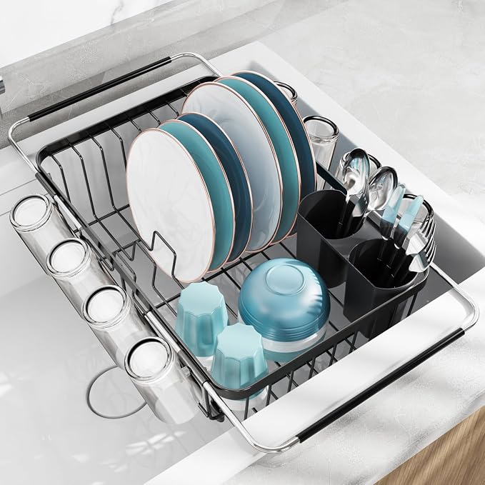 GSlife Dish Drying Rack Over the Sink with Twist-Lock Extendable Handle | Stainless Steel Dish Drainer with Cup Holder and Utensil Holder for Small Kitchen Apartment RV, Rustproof, Gunmetal Grey