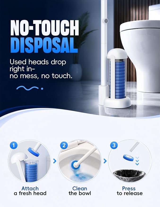 Toilet Wand Kit, Disposable Toilet Bowl Cleaner Brush with Blue Replacement Heads, Press-Button Wand and Self-Closing Freestanding Holder (Toilet Brush + 35 Refills)